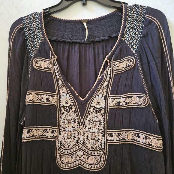 Free People Wind Willow Embroidered Mini Dress Black XS Boho Oversize Whimsigoth - Picture 4 of 13